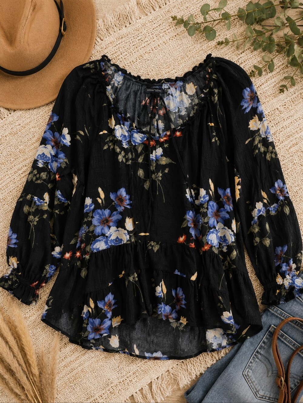 American Eagle Outfitters Navy Floral Peasant Top with Blue & Cream Blooms